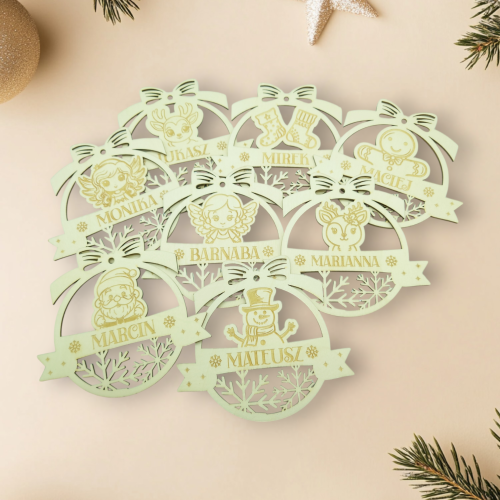 Bombki na choinkę ze sklejki różne postaci grawerowane imię