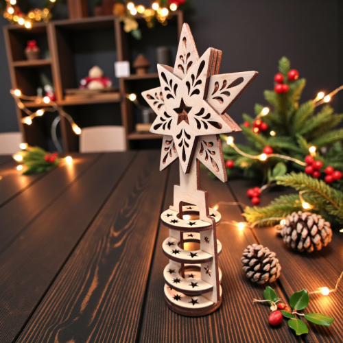 Drewniany czubek na choinkę w formie ażurowej gwiazdy ze sklejki, ustawiony na świątecznym tle z lampkami.webp