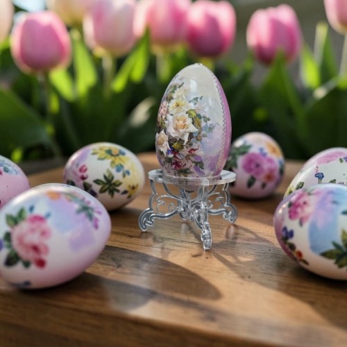 Przezroczysty stojak na jajko wielkanocne z plexi z ażurowymi, ozdobnymi nóżkami, prezentujący ręcznie zdobioną pisankę