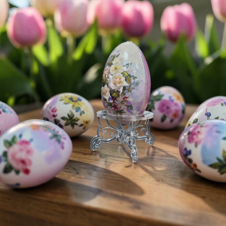 Przezroczysty stojak na jajko wielkanocne z plexi z ażurowymi, ozdobnymi nóżkami, prezentujący ręcznie zdobioną pisankę