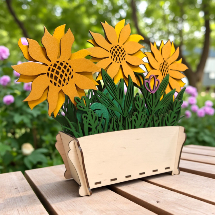 Doniczka ze słonecznikami ze sklejki – ręcznie malowana dekoracja w słońcu