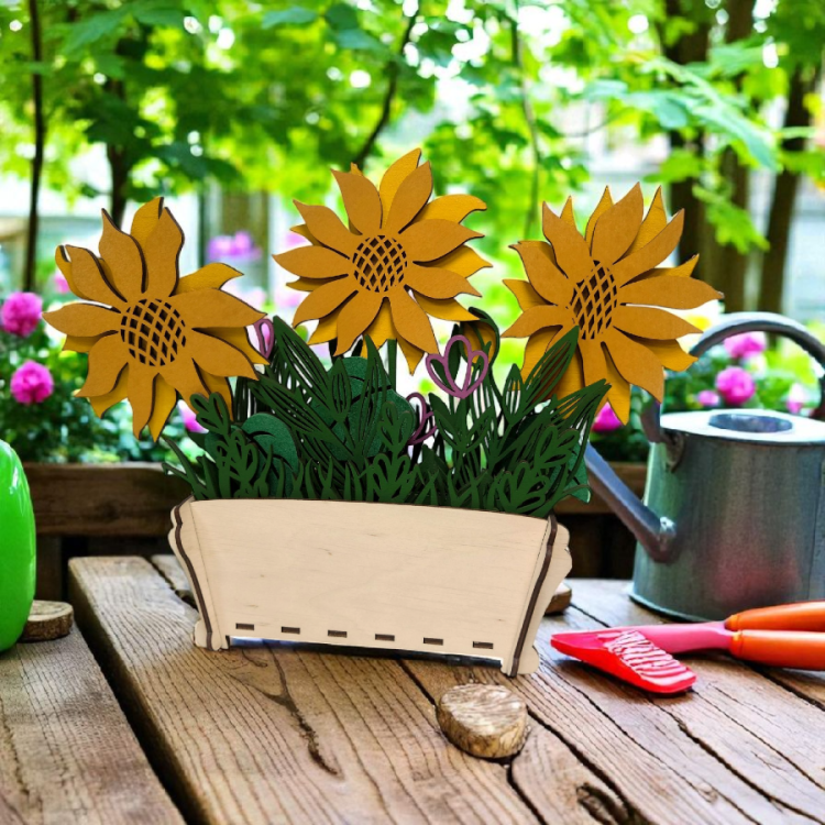 Doniczka dekoracyjna z żółtymi słonecznikami – efektowna ozdoba do domu i ogrodu