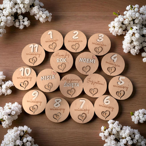 Tabliczki z miesiącami do zdjęć drewniane 16szt okrągłe 3d